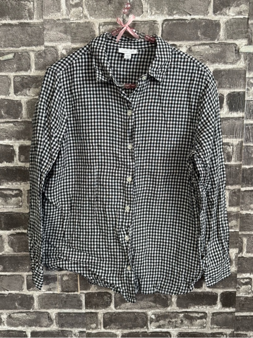 J. Jill love linen blouse button down black white plaid 100% linen